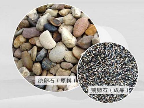 鹅卵石原料（左）和鹅卵石机制砂（右）